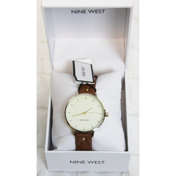 NWT Nine West Brown Leather Gold Colored Watch Women's Analog Business Formal - Picture 1 of 12